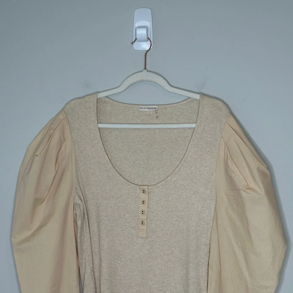 ULLA JOHNSON Joanne Beige Poplin Sleeve Rib Knit Top in Oatmeal Size XL‎